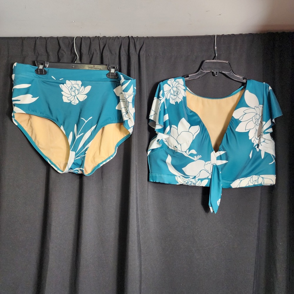 Swim Cacique Teal Floral High‎ Waisted Bikini Set Tie Front Flutter Sleeve 20/24